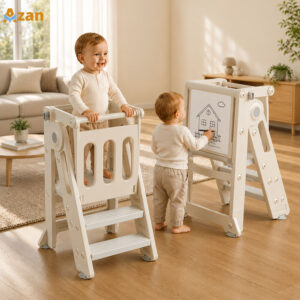 OEM ODM HDPE Kids Learning Tower Wrap Around Guardrail Anti Tipping Foldable Toddler Kitchen Step Stool