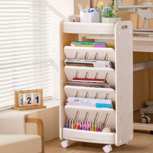 Wholesale Kids Movable Bookshelf Environmental HDPE Plastic Book Storage Rack With Brake Universal Wheels For Study Room Home Organizer